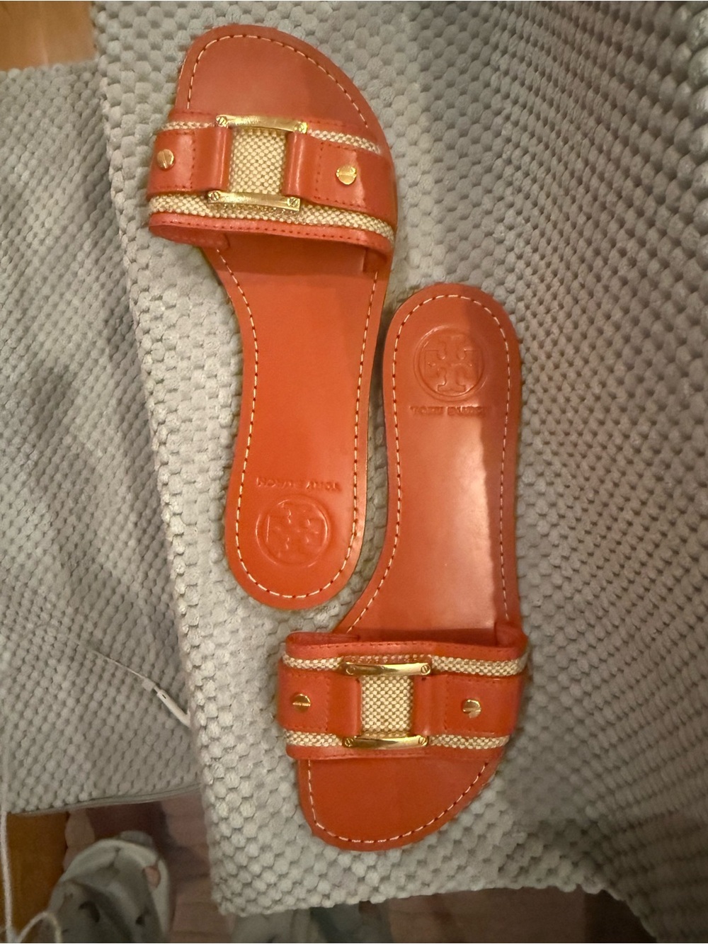 Vintage Tory Burch Coral Orange Leather Slide Sandals with Gold Accent